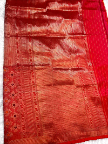 Vibrant Vermillion Banarasi Tissue Silk Brocade Saree