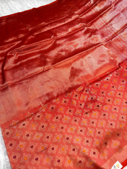 Vibrant Vermillion Banarasi Tissue Silk Brocade Saree