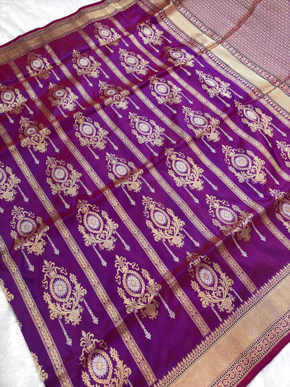 Imperial Magenta-Purple Kadhua Jungla Iktara Pure Silk Handloom Banarasi Saree
