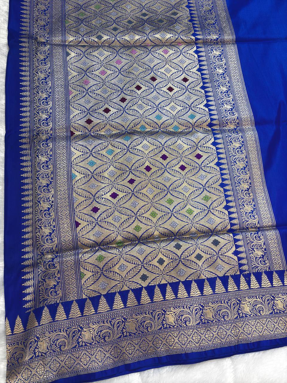 Royal Electric Blue Meenakari Leheriya Pure Katan Silk Handloom Banarasi Saree
