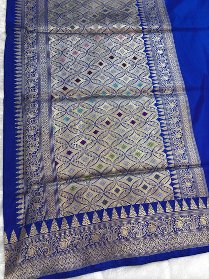 Royal Electric Blue Meenakari Leheriya Pure Katan Silk Handloom Banarasi Saree