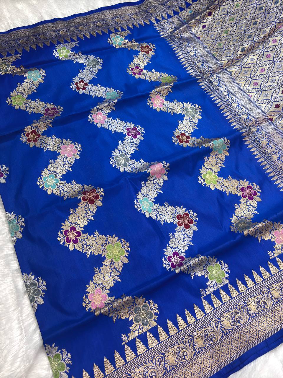 Royal Electric Blue Meenakari Leheriya Pure Katan Silk Handloom Banarasi Saree