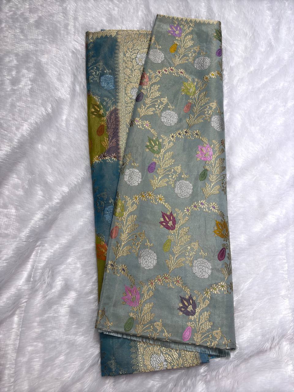 Pastel Mint-Grey Meenakari Kadhua Jungla Pure Katan Silk Handloom Banarasi Saree
