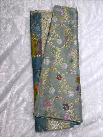 Pastel Mint-Grey Meenakari Kadhua Jungla Pure Katan Silk Handloom Banarasi Saree