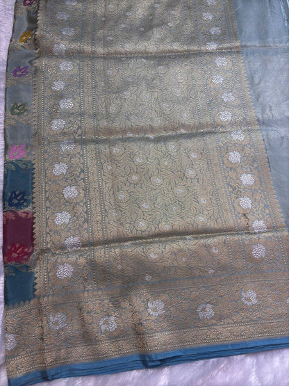 Pastel Mint-Grey Meenakari Kadhua Jungla Pure Katan Silk Handloom Banarasi Saree