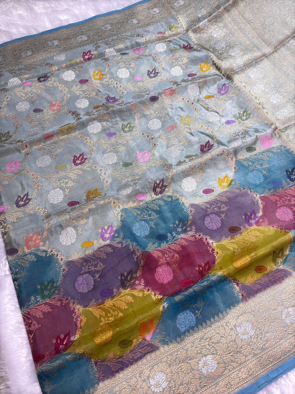 Pastel Mint-Grey Meenakari Kadhua Jungla Pure Katan Silk Handloom Banarasi Saree