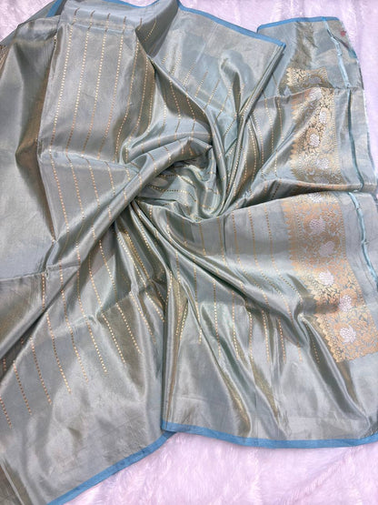 Pastel Mint-Grey Meenakari Kadhua Jungla Pure Katan Silk Handloom Banarasi Saree