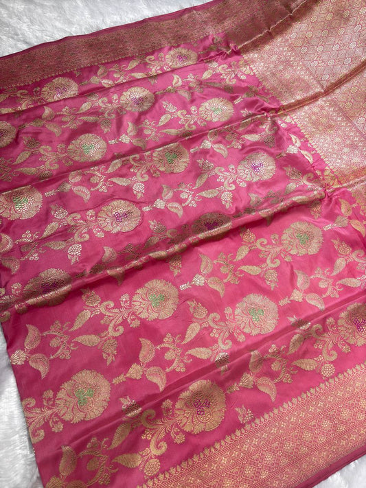 Blossom Pink Meenakari Kadhua Jungla Pure Katan Silk Handloom Banarasi Saree