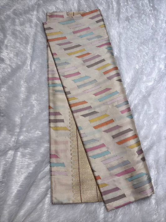 Ivory Cream Meenakari Kadhua Patola-Stripe Pure Mashru Silk Handloom Banarasi Saree