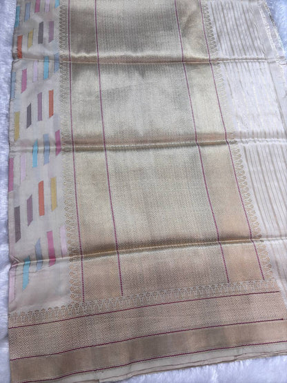 Ivory Cream Meenakari Kadhua Patola-Stripe Pure Mashru Silk Handloom Banarasi Saree