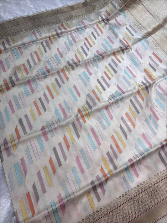 Ivory Cream Meenakari Kadhua Patola-Stripe Pure Mashru Silk Handloom Banarasi Saree