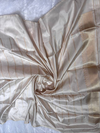 Ivory Cream Meenakari Kadhua Patola-Stripe Pure Mashru Silk Handloom Banarasi Saree