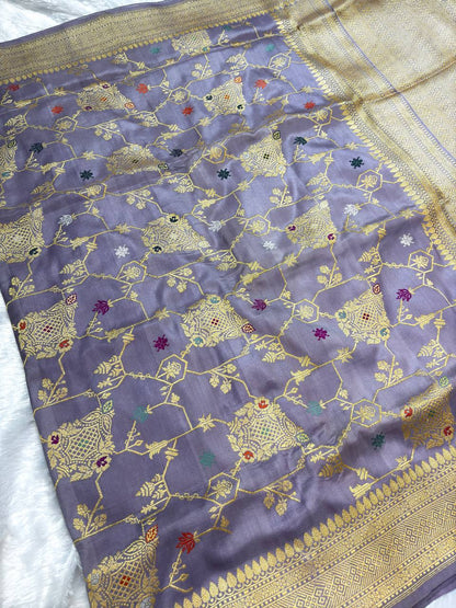 Mauve-Lavender Meenakari Kadhua Jungla Pure Katan Silk Handloom Banarasi Saree