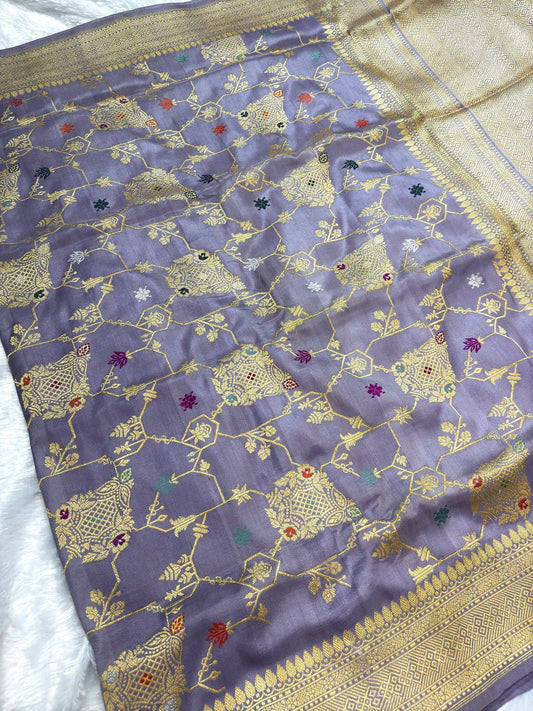 Mauve-Lavender Meenakari Kadhua Jungla Pure Katan Silk Handloom Banarasi Saree
