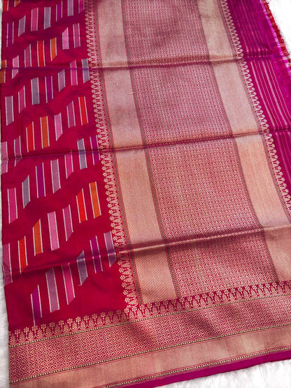 Rani Pink Meenakari Kadhua Patola-Leheriya Pure Mashru Silk Handloom Banarasi Saree