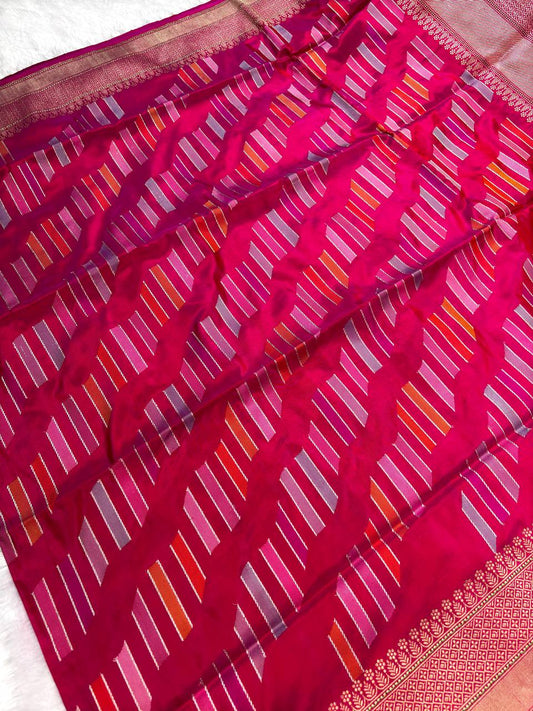 Rani Pink Meenakari Kadhua Patola-Leheriya Pure Mashru Silk Handloom Banarasi Saree