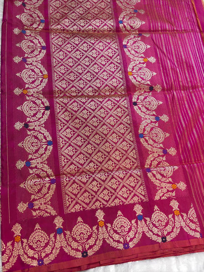 Fuchsia Pink Meenakari Kadhua Border Pure Katan Silk Handloom Banarasi Saree