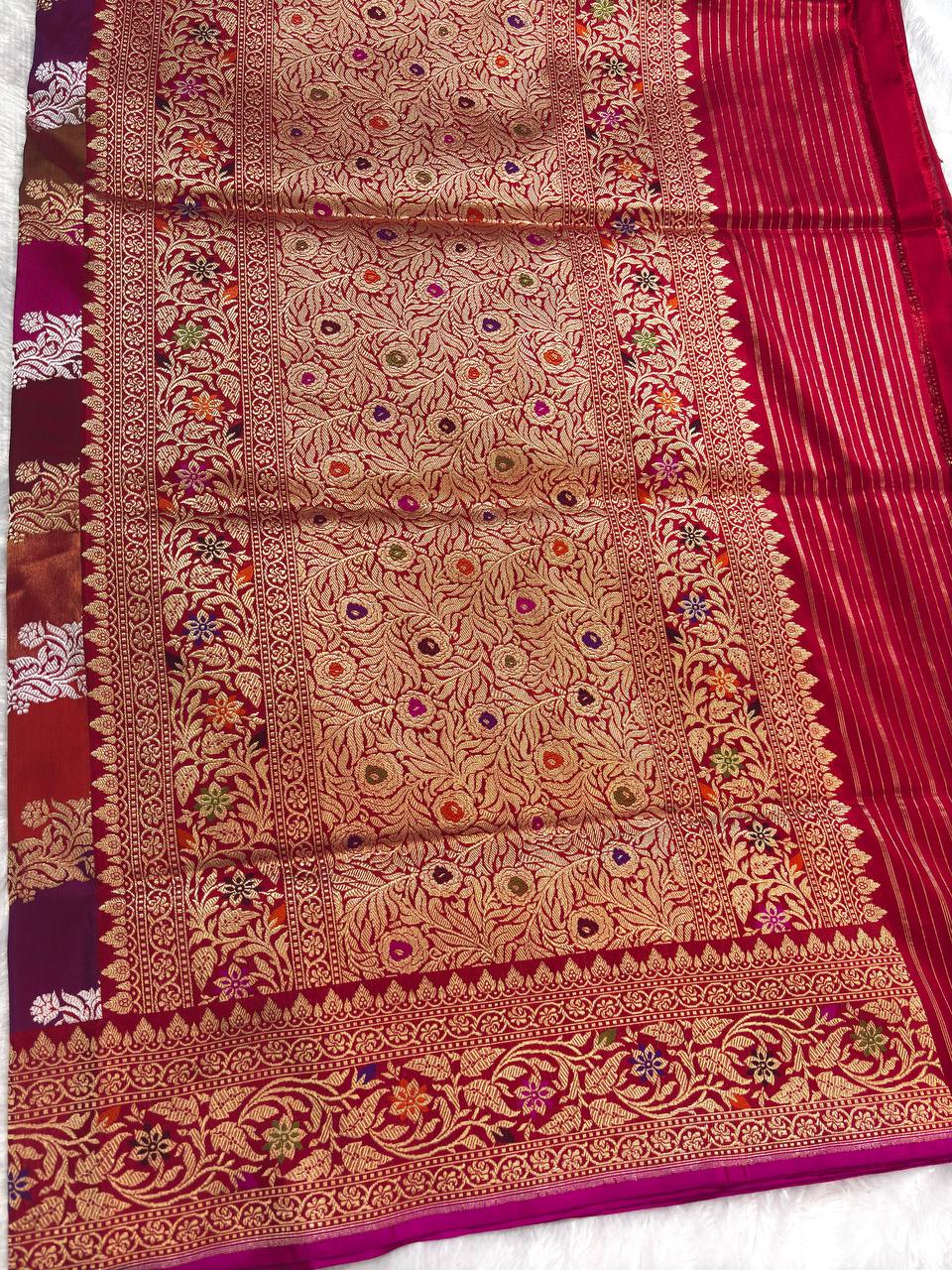 Crimson Red Meenakari Kadhua Leheriya Pure Silk Handloom Banarasi Saree