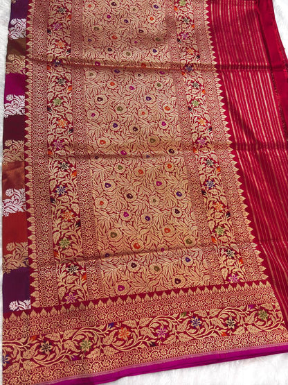 Crimson Red Meenakari Kadhua Leheriya Pure Silk Handloom Banarasi Saree