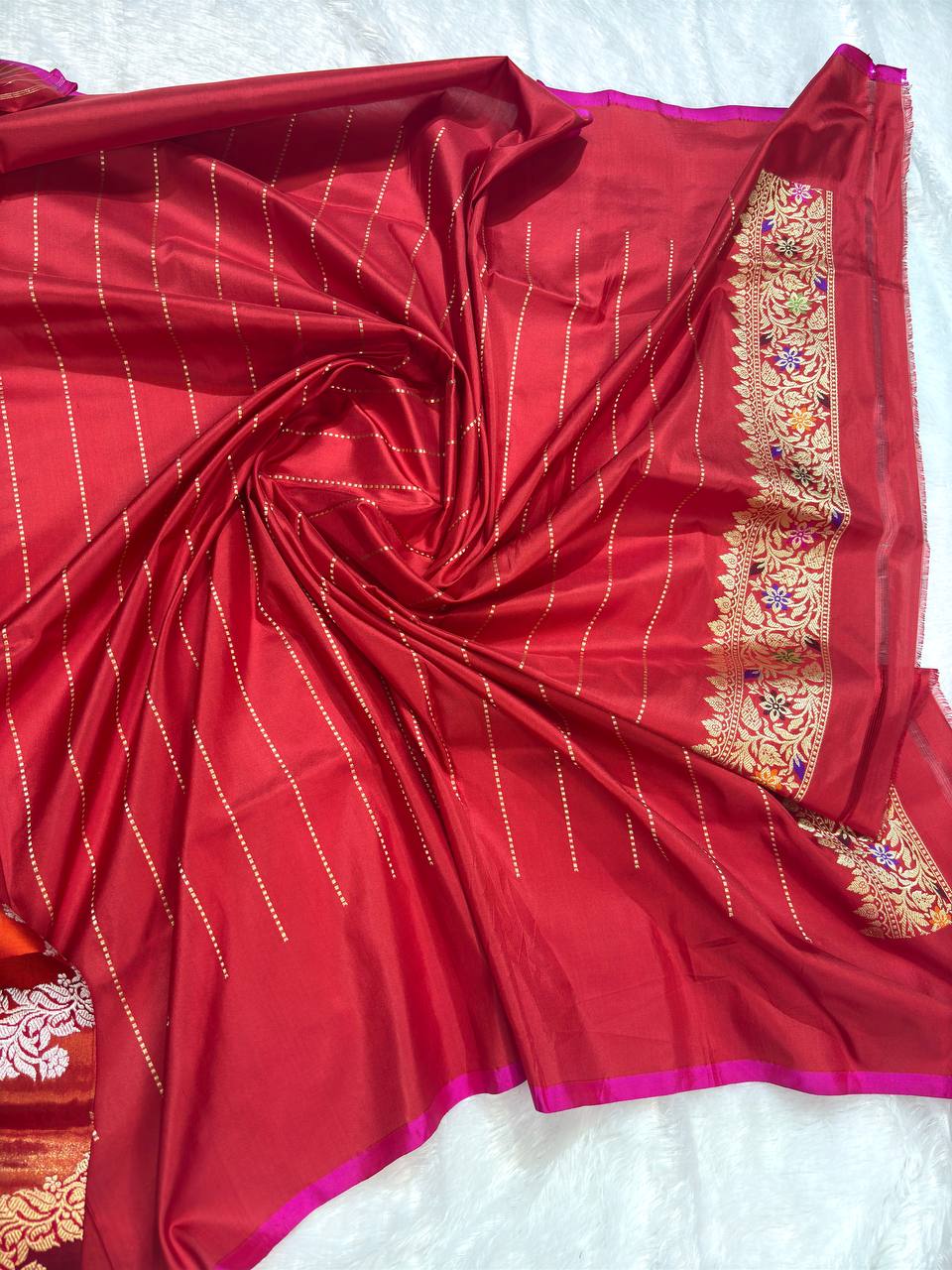 Crimson Red Meenakari Kadhua Leheriya Pure Silk Handloom Banarasi Saree