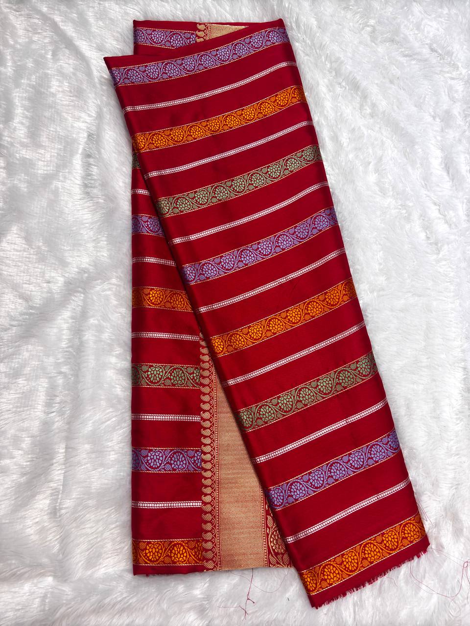 Bridal Scarlet Red Meenakari Kadhua Patola-Stripe Pure Silk Saree