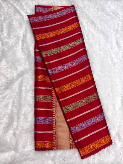 Bridal Scarlet Red Meenakari Kadhua Patola-Stripe Pure Silk Saree