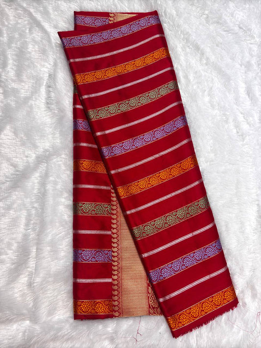 Bridal Scarlet Red Meenakari Kadhua Patola-Stripe Pure Silk Saree