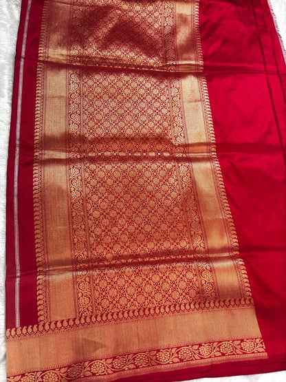 Bridal Scarlet Red Meenakari Kadhua Patola-Stripe Pure Silk Saree