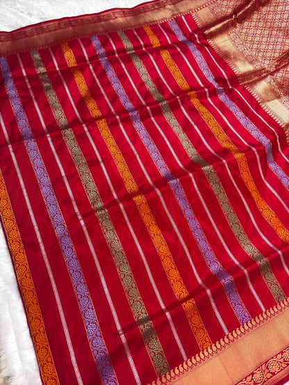 Bridal Scarlet Red Meenakari Kadhua Patola-Stripe Pure Silk Saree