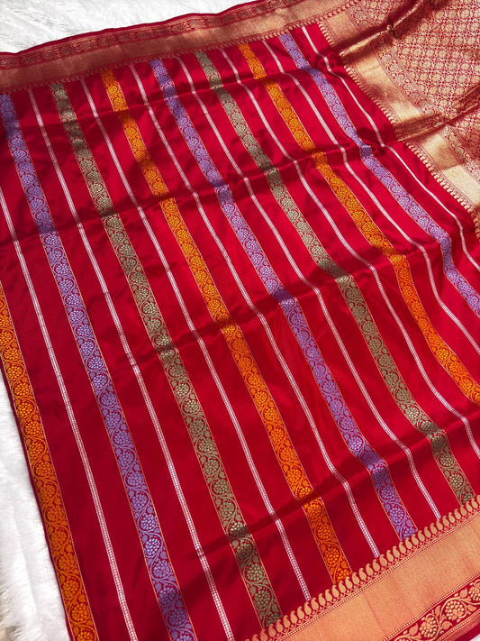 Bridal Scarlet Red Meenakari Kadhua Patola-Stripe Pure Silk Saree