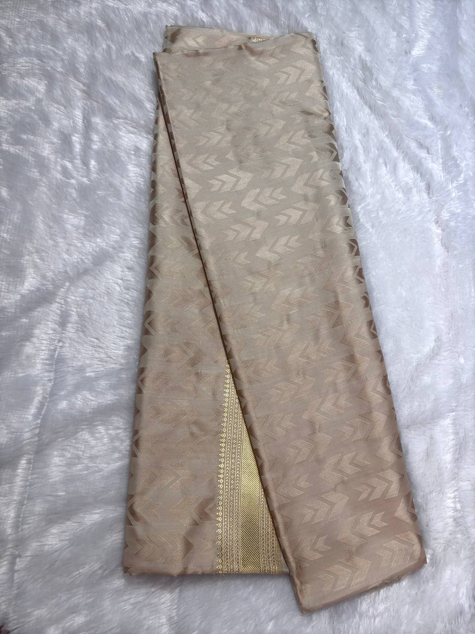 Cream Champagne Katan Silk Banarasi Saree with Geometric Chevron Motifs