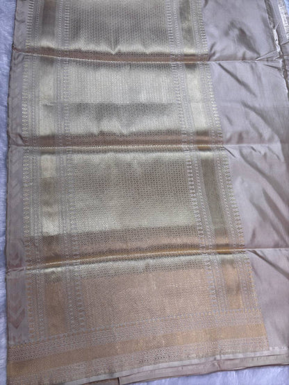Cream Champagne Katan Silk Banarasi Saree with Geometric Chevron Motifs