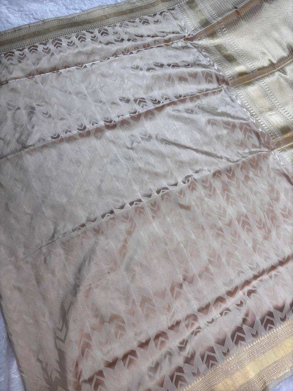 Cream Champagne Katan Silk Banarasi Saree with Geometric Chevron Motifs