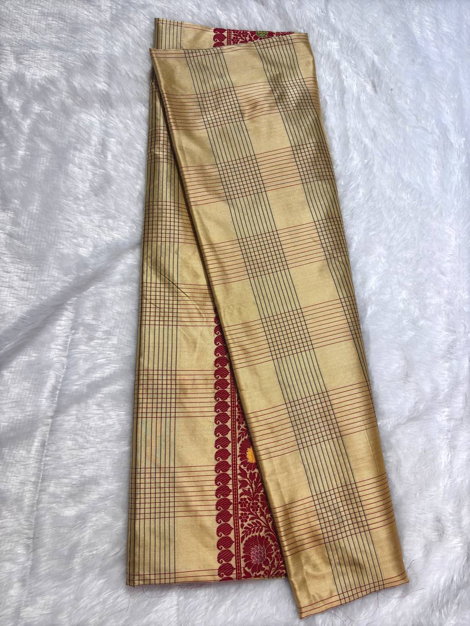 Pure Katan Silk Saree in Champagne Gold with Crimson Meenakari Borders and Chevron Pallu
