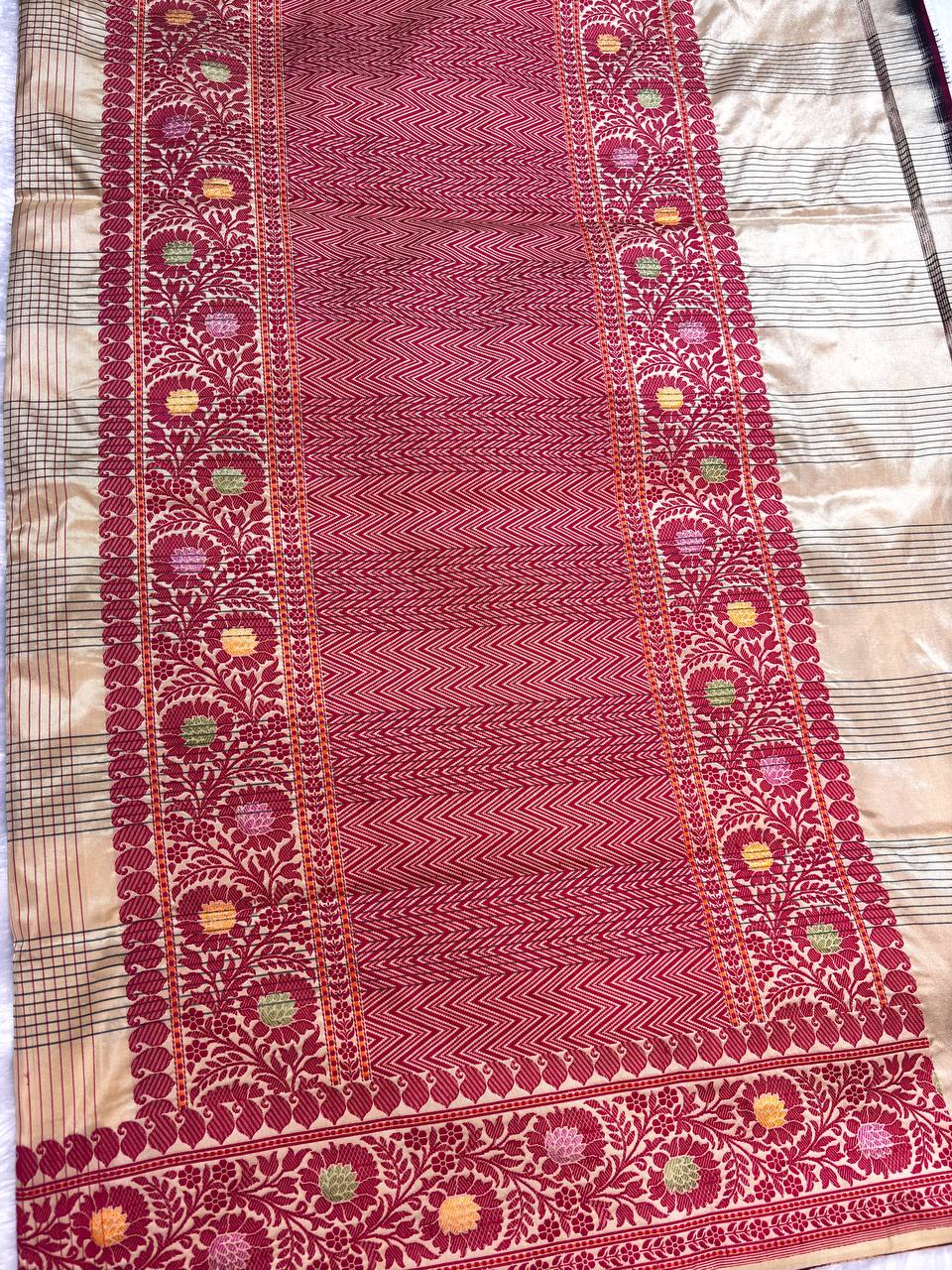 Pure Katan Silk Saree in Champagne Gold with Crimson Meenakari Borders and Chevron Pallu
