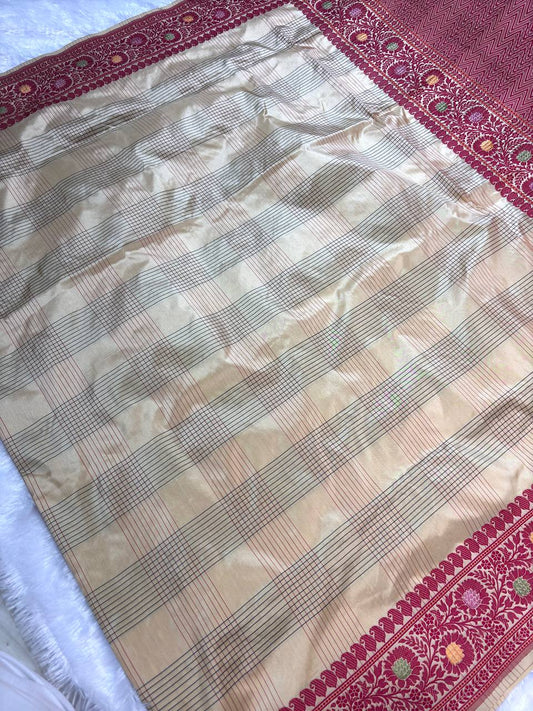 Pure Katan Silk Saree in Champagne Gold with Crimson Meenakari Borders and Chevron Pallu