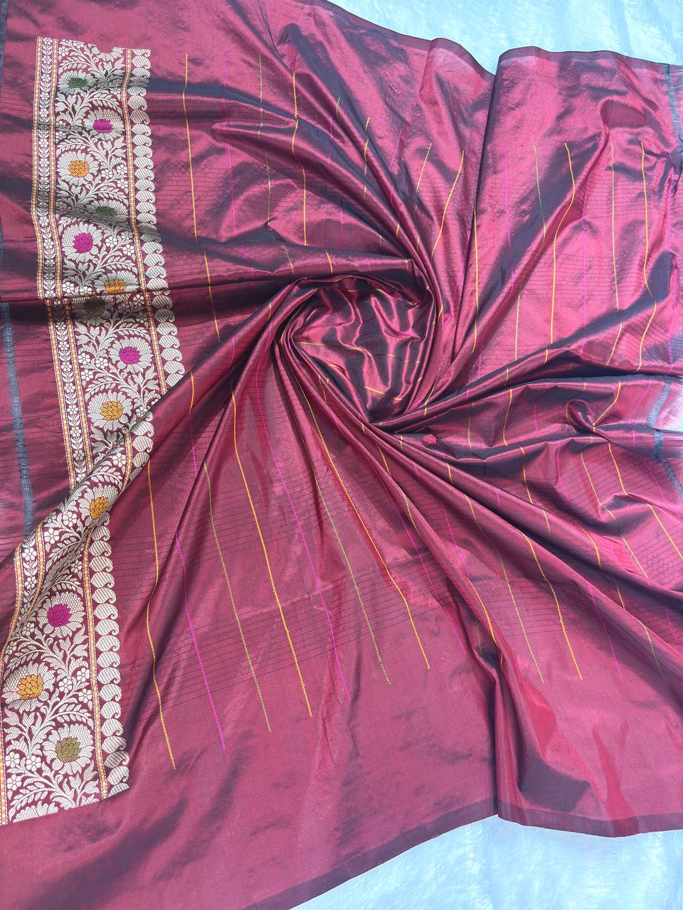 Pure Katan Silk Saree in Champagne Gold with Crimson Meenakari Borders and Chevron Pallu