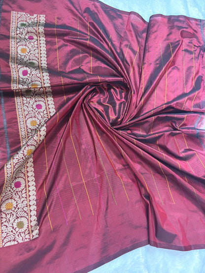 Pure Katan Silk Saree in Champagne Gold with Crimson Meenakari Borders and Chevron Pallu