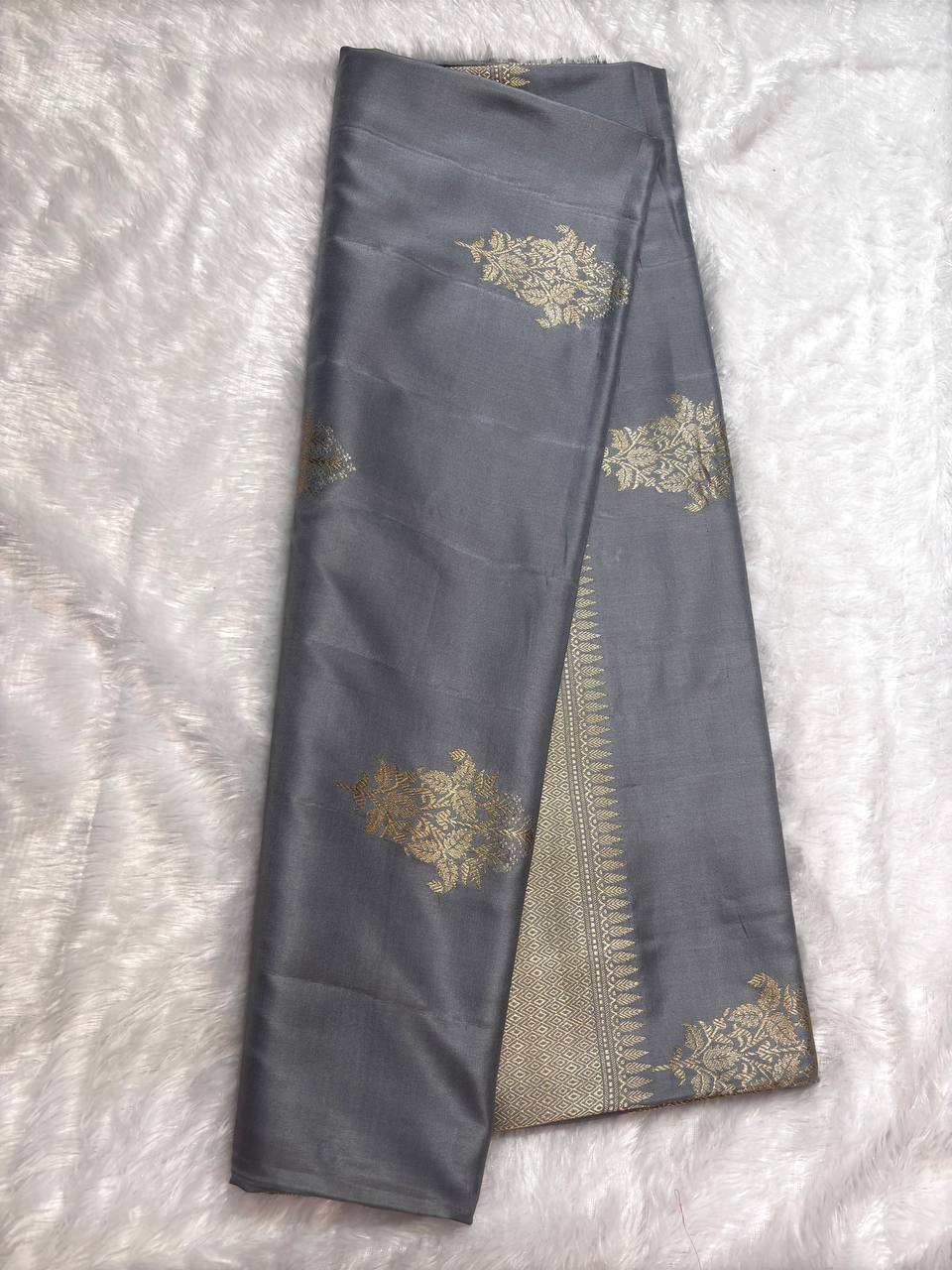 Handwoven Steel Grey Pure Katan Silk Banarasi Saree with Antique Zari Floral Butas