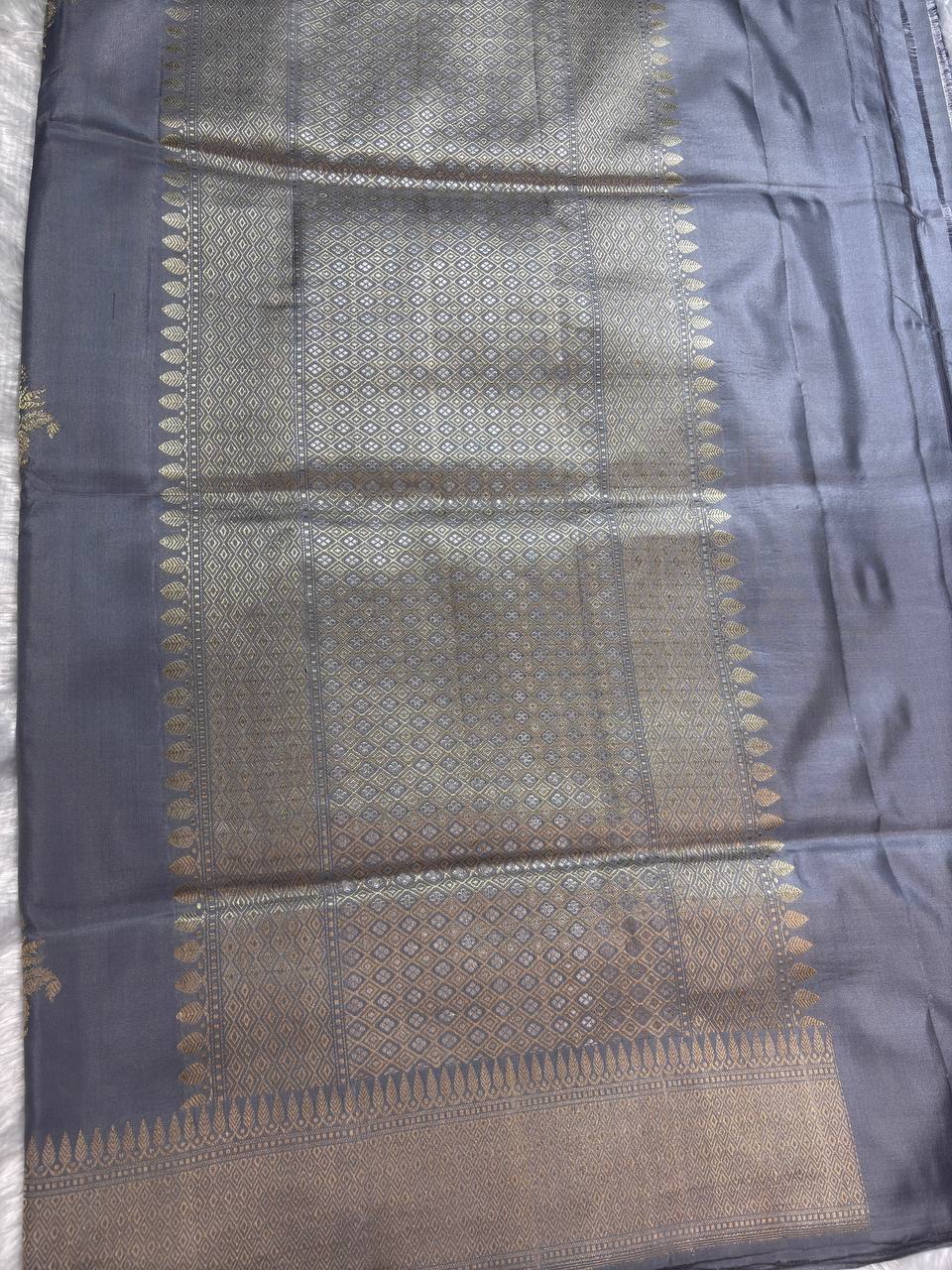 Handwoven Steel Grey Pure Katan Silk Banarasi Saree with Antique Zari Floral Butas