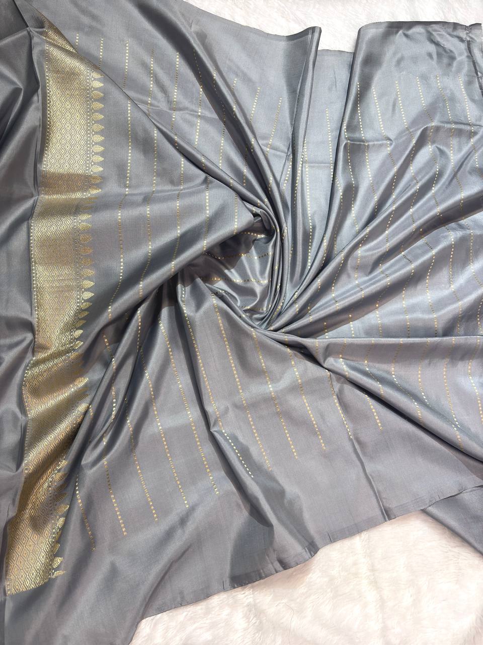 Handwoven Steel Grey Pure Katan Silk Banarasi Saree with Antique Zari Floral Butas
