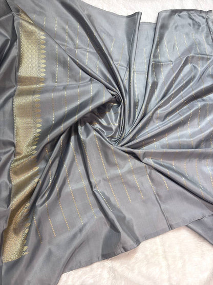 Handwoven Steel Grey Pure Katan Silk Banarasi Saree with Antique Zari Floral Butas