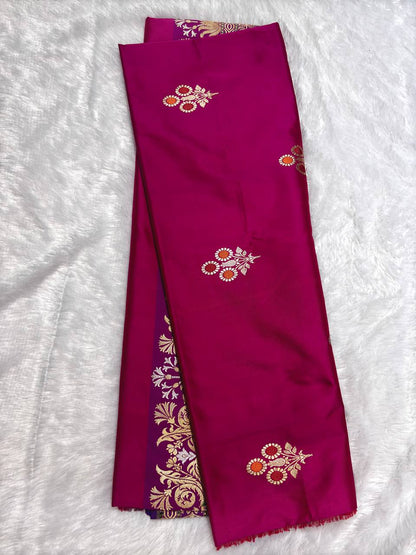 Rani Pink and Purple Pure Katan Silk Saree with Meenakari Butas and Leheriya Zari Pallu