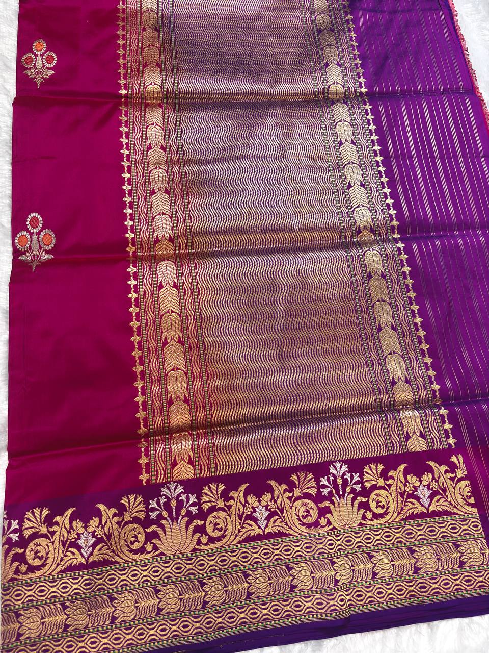 Rani Pink and Purple Pure Katan Silk Saree with Meenakari Butas and Leheriya Zari Pallu