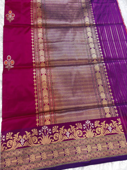 Rani Pink and Purple Pure Katan Silk Saree with Meenakari Butas and Leheriya Zari Pallu