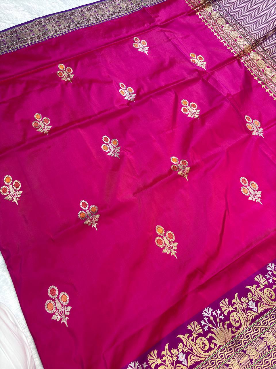 Rani Pink and Purple Pure Katan Silk Saree with Meenakari Butas and Leheriya Zari Pallu