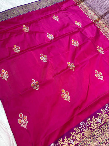 Rani Pink and Purple Pure Katan Silk Saree with Meenakari Butas and Leheriya Zari Pallu