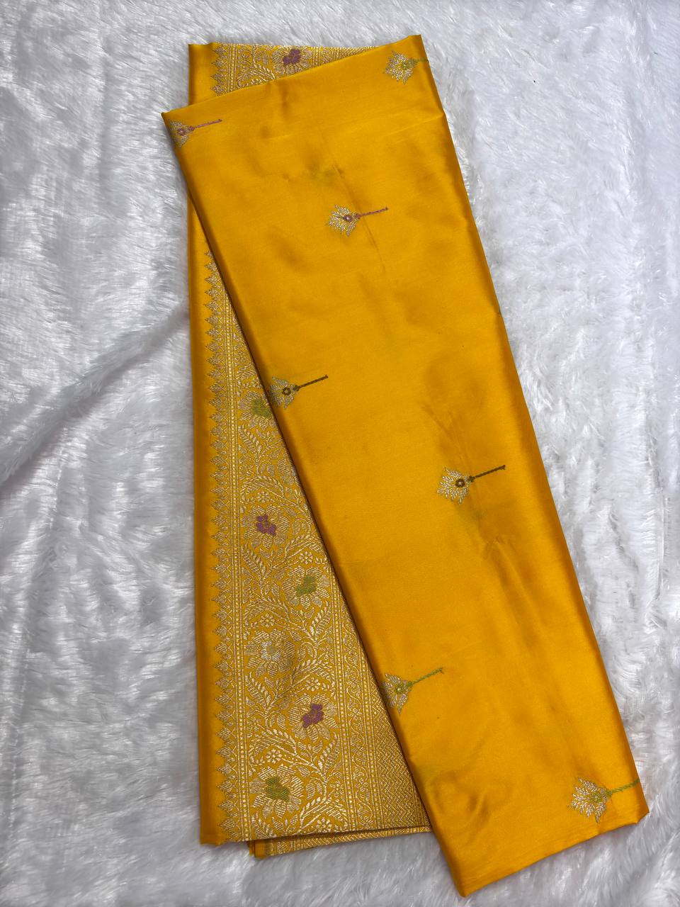 Mustard Yellow Pure Katan Silk Banarasi Saree with Silver Zari Jaal and Meenakari Accents