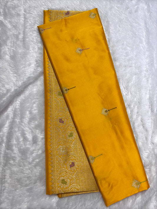 Mustard Yellow Pure Katan Silk Banarasi Saree with Silver Zari Jaal and Meenakari Accents