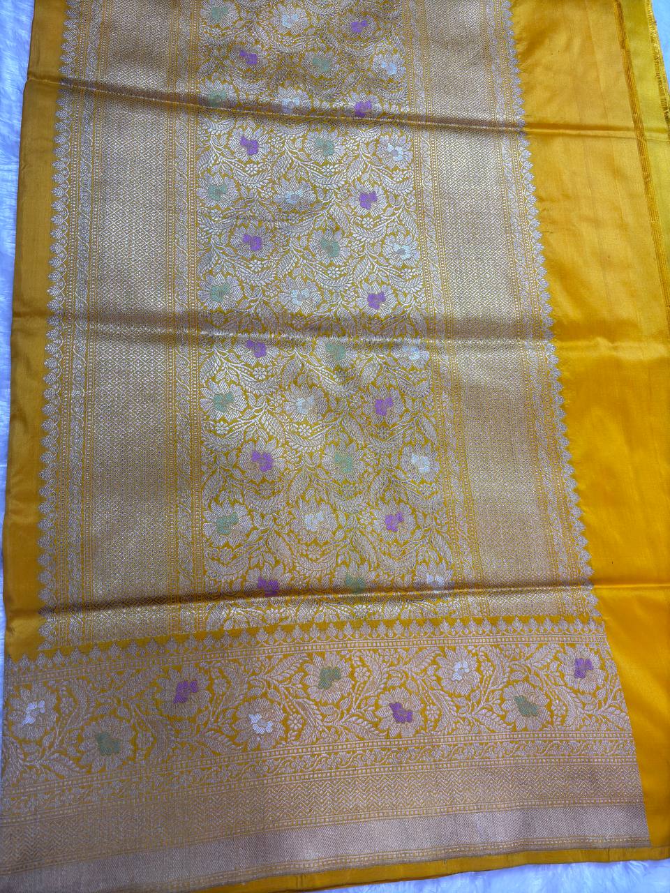 Mustard Yellow Pure Katan Silk Banarasi Saree with Silver Zari Jaal and Meenakari Accents